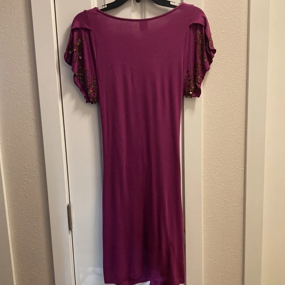 Free People Beaded Ruched Dress Mini Purple Boho  V Neck Stretch Y2K Size M